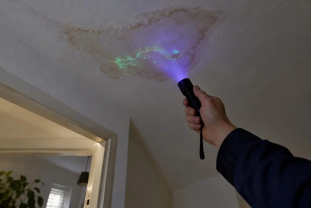 Lekdetectie Zwolle – kleurstof controleren op het plafond met uv-licht