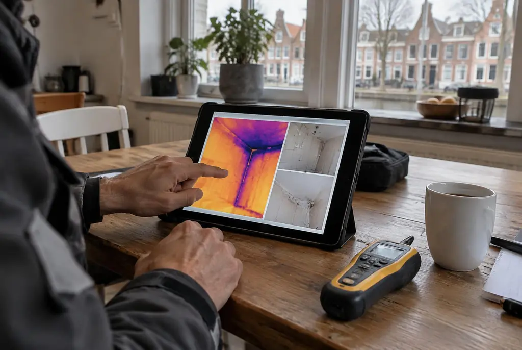 Lekdetectie Zwolle – lekdetectierapport met warmtebeelden en foto's op een tablet
