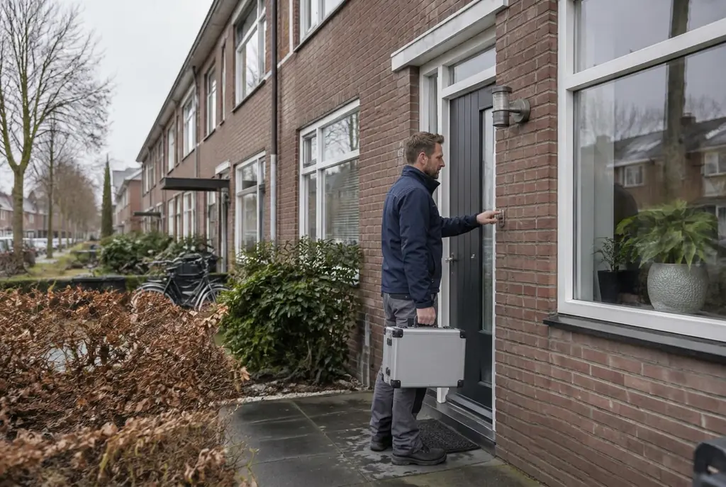 Lekdetectiespecialist met meetkoffer bij de voordeur van een woning in Zwolle